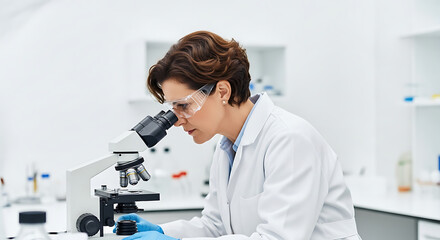Scientist at Work Woman Analyzing Samples Under Microscope in Laboratory Research Setting
