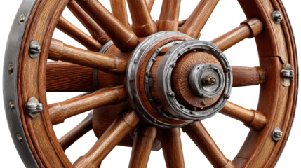 Rustic Wheel: An antique, wooden wheel, showcasing its craftsmanship. Featuring a detailed look at the wheel's structure, spokes, and hub, capturing the essence of history and design.