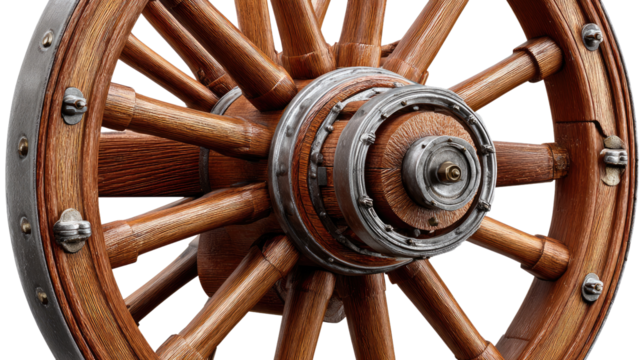 Rustic Wheel: An antique, wooden wheel, showcasing its craftsmanship. Featuring a detailed look at the wheel's structure, spokes, and hub, capturing the essence of history and design.