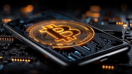 Smartphone screen displays glowing Bitcoin symbol with circuit background, representing mobile crypto platforms, digital investment tracking, and blockchain finance.