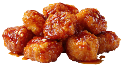 Savory Chicken Bites: Delightful arrangement of crispy chicken bites, glazed with a luscious, appetizing sauce, each morsel promises an explosion of taste.
