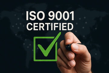 Fototapeta premium ISO 9001 Certified concept symbolized by green checkmark icon, representing quality assurance, business certification, and compliance with international standards 