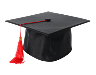 Black graduation cap with red tassel, isolated on white, symbolizing academic achievement and success.