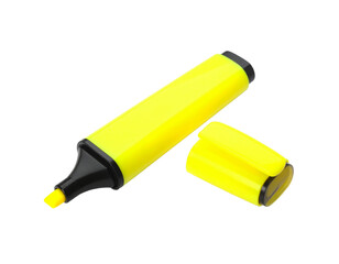 Yellow highlighter pen with cap, isolated on white, for office, school, and study themes.