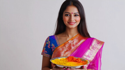 Young female holding holi colors in hand