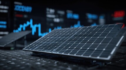 Solar panel reflects stock trend lines against digital green energy market background, concept of sustainable finance, eco-investments, and renewable energy valuation