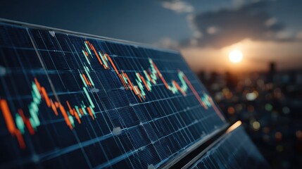 Solar panel reflects stock trend lines against digital green energy market background, concept of sustainable finance, eco-investments, and renewable energy valuation