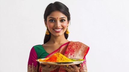 Portrait of indian woman holding gulal in hands, holi colors