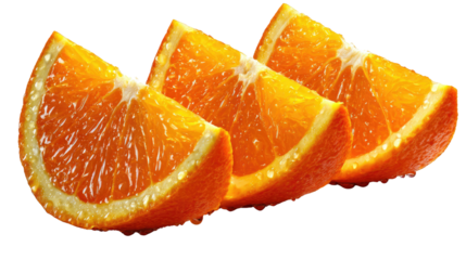 Citrus Slice Delight: Vivid close-up of three vibrant orange slices, showcasing the juicy texture and inviting freshness, a perfect embodiment of health and taste.