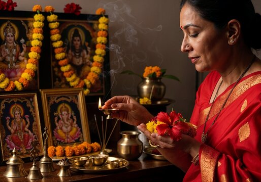 Woman performing puja with diya and flowers near framed deities