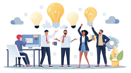 Team brainstorming with lightbulb ideas and computer work in a collaborative environment at the office