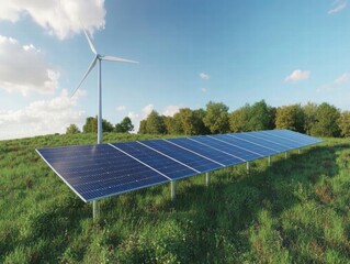 Solar Panels and Wind Turbine Generate Clean Energy in Green Field with Sustainable Power and Renewable Resources.