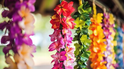 Hawaiian luau celebration with hula dancing and leis