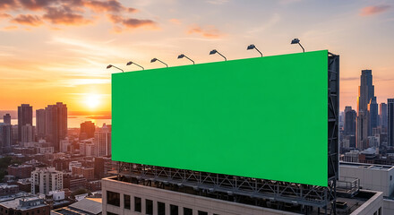 Green Screen Billboard Mockup at Sunset Cityscape | Advertising Opportunity