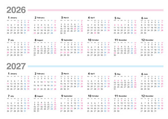 2026-2027年 年間カレンダー 月曜始まり