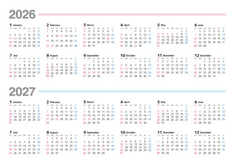 2026-2027年 年間カレンダー 日曜始まり