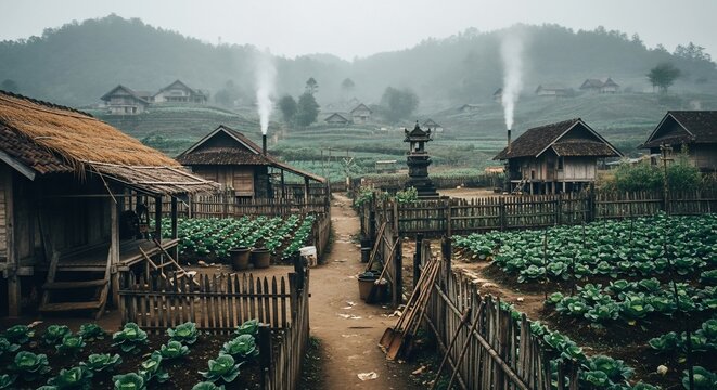 Misty Morning in a Rural Village with Cabbage Fields and Smoking Chimneys - Powered by Adobe