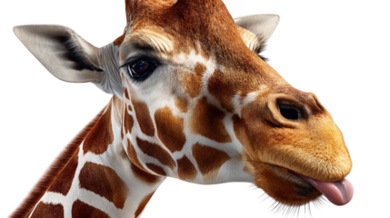 Playful Giraffe's Gaze: A close-up captures the curious and expressive face of a giraffe, its long tongue playfully extended, set against a clean background, conveying its unique beauty and charm.