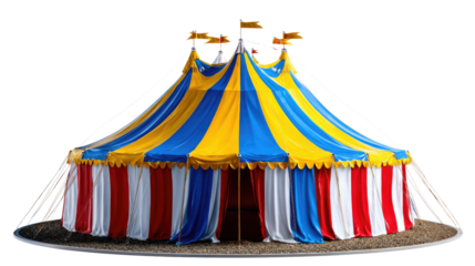 Big Top Circus: A grand, striped circus tent with colorful patterns, ready to host a world of entertainment, stands on a stage, its festive design inviting all to witness the spectacle within.