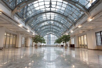 Open indoor space with glass ceiling and polished marble flooring