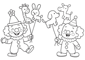 A cheerful black and white coloring page for kids featuring two happy clowns holding adorable animal-shaped balloons, including a bunny, giraffe, puppy, and more. Perfect for circus-themed fun