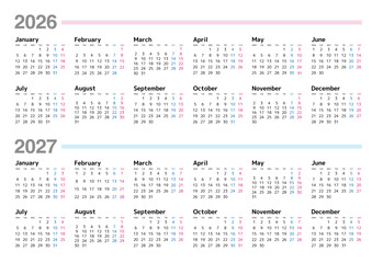 2026-2027年 年間カレンダー 月曜始まり 日本の祝日表記はありません