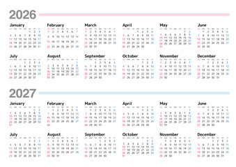 2026-2027年 年間カレンダー 日曜始まり 日本の祝日表記はありません