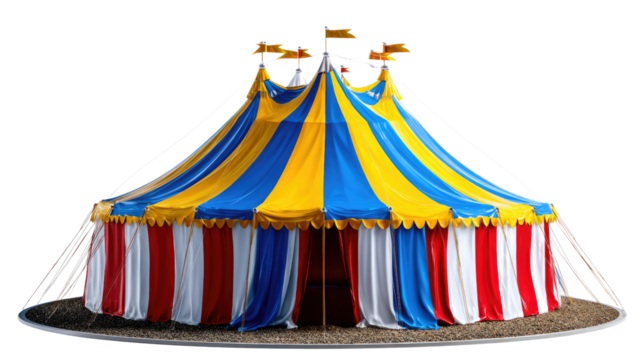 Big Top Circus: A grand, striped circus tent with colorful patterns, ready to host a world of entertainment, stands on a stage, its festive design inviting all to witness the spectacle within.