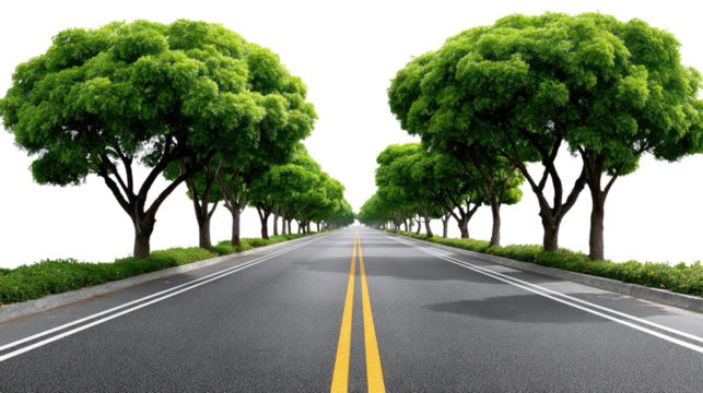 Scenic Drive: A straight, asphalt road flanked by lush, green trees, creating a captivating sense of depth and a journey towards a bright future.