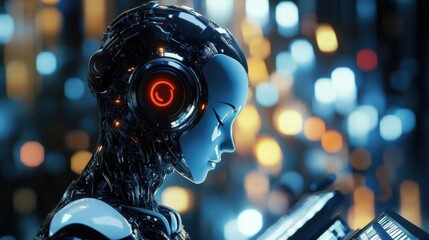 Robot Views City Lights: Artificial Intelligence, Robotics, Technology, Innovation, Futuristic, Cyberpunk with Metropolitan Nightscape and Digital Era Theme.