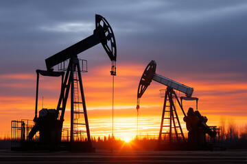 Dramatic silhouettes of oil pumpjacks against a vibrant sunset backdrop, illustrating the energy industry at dusk