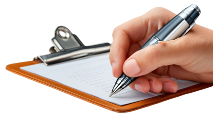 Pen on Clipboard: A close-up shot captures a hand holding a pen, poised to write on a blank sheet affixed to a clipboard. It's a moment of readiness, focus, and documentation.