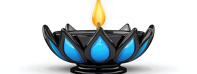 3D Render of Blue and Black Lotus Oil Lamp with Glowing Flame