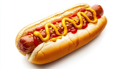 Delicious Hot Dog with Ketchup and Mustard on a Clean White Background for Culinary Appeal