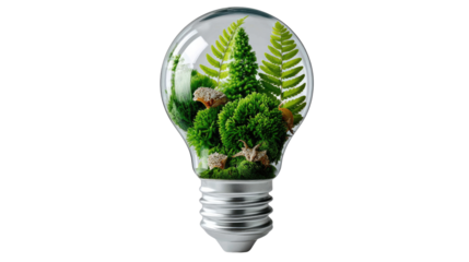 Eco-Conscious Idea: An innovative concept of nature flourishing within a light bulb, representing the symbiotic relationship between environmental sustainability and inventive thought.