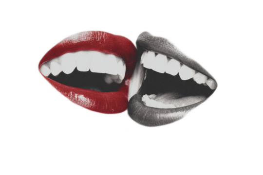 Close Up of Smiling Lips with Red and Black Lipstick Showing Teeth in Artistic Black and White Style