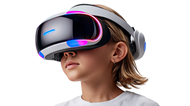 Immersed in Virtual Reality: A young person wearing a sleek VR headset experiences the cutting edge of technology, showcasing innovation and the future of digital interaction.