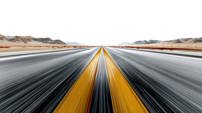Journey's Perspective: A dynamic perspective shot of a road stretches towards the horizon, with vivid yellow center lines guiding the viewer's eye. The road leads into the distant landscape.