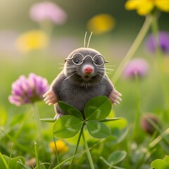 A cute mole wearing spectacles sits on a clover amidst a vibrant meadow of wildflowers.