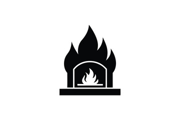 Black and White Fireplace Icon with Flames Illustration