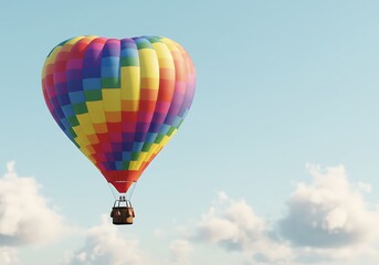 Naklejka premium Colorful hot air balloon clipart in the shape of a heart, gently floating through a light blue sky backdrop.