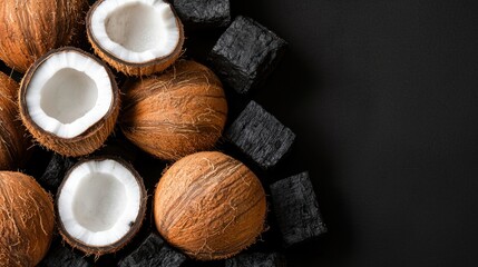 Coconut Shells in Different Stages of Carbonization on Dark Background for Natural Material Studies