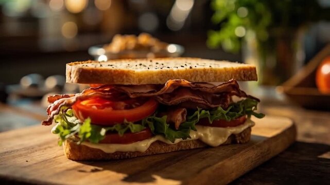 Fresh BLT sandwich with crispy bacon, lettuce, and tomato on toasted bread against a rustic kitchen backdrop &ndash; National BLT Sandwich Day celebration