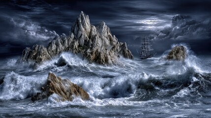 Stormy Night Ocean Rockscape