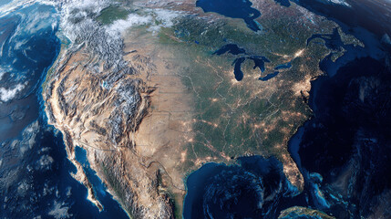 Breathtaking satellite view of North America is revealing detailed topographical features like mountains, deserts, while eastern part is dark, brilliantly illuminated by city lights, infrastructure