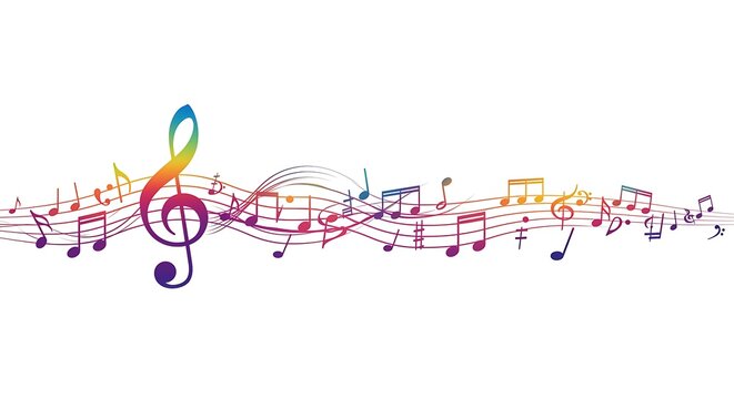 Creative music note clipart with a flowing staff and scattered notes, capturing the movement of a beautiful musical piece.