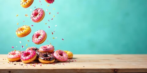 Sweet Delights Colorful Donuts Falling onto a Wooden Table Against a Teal Background
