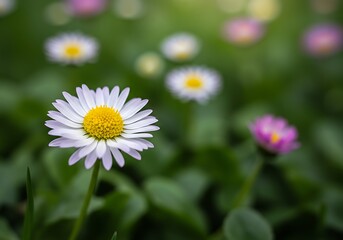 Spring-themed background featuring a daisy single flower in sharp detail, surrounded by blurred grass and open space for messaging.