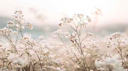 Delicate White Flowers In Field At Sunrise