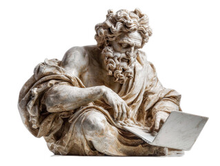 Naklejka premium Ancient Classical Sculpture of Bearded Man with Laptop in Modern Style